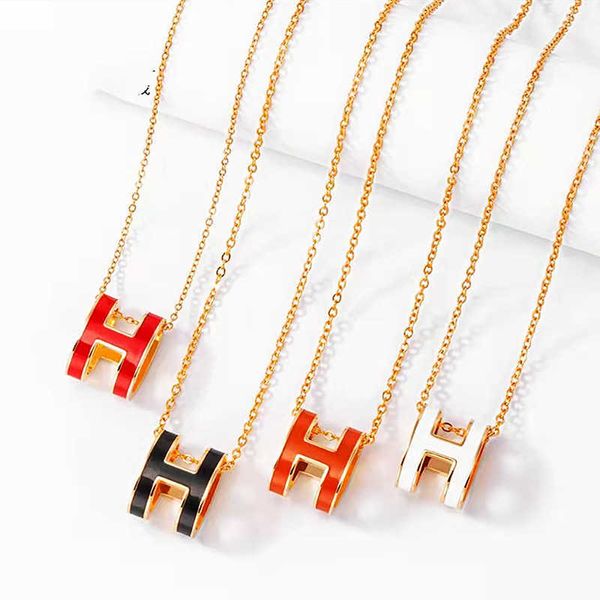 

tiktok online red live broadcast h letter enamel drop glaze necklace female korean version pendant light luxury titanium steel lock bone cha, Silver