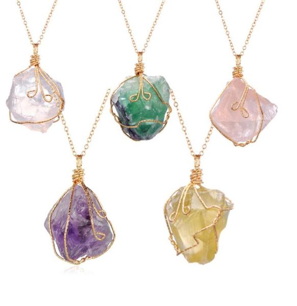 

vintage irregular natural stone crystal pendant necklace women men wire wrap pendants pendulum gems rainbow jewelry5096368, Silver