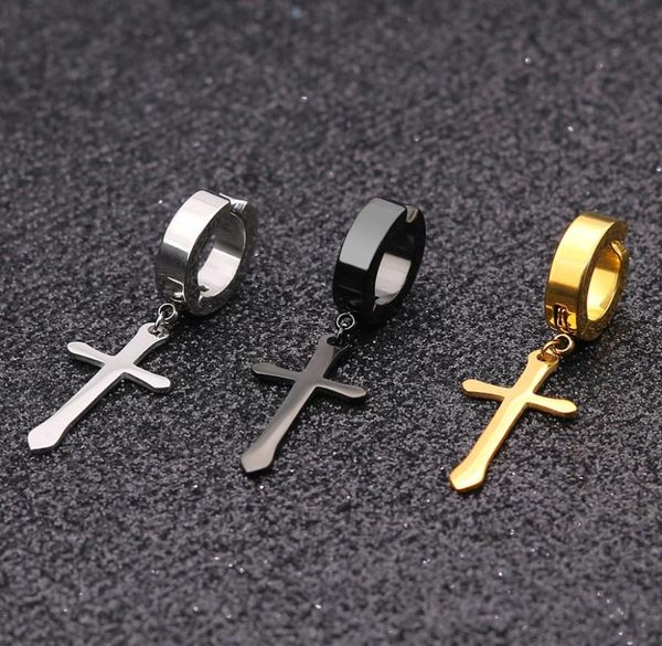 

1 pcs stainless steel clip on non piercing earrings for women men black gold color cross gothic punk rock drop pendiente6882826, Golden