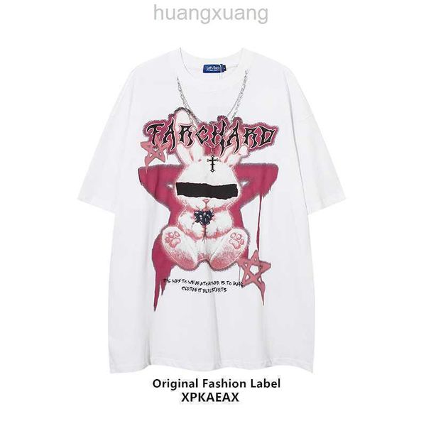 

stussys fashion t-shirt trendy rabbit print vintage hip hop loose t-shirt for men and women's versatile short sleeve ins, White;black