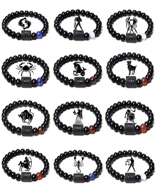 

12 constellation zodiac bracelets signs beads strands couples bracelet natural black onyx stone elastic charm bracelet for women m8421073