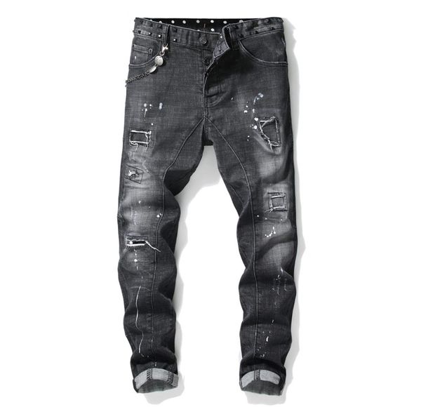

men039s rivets stitching black jeans trendy streetwear slim stretch denim pants tattered splash paint hole jeans nails beggar p7476842, Blue