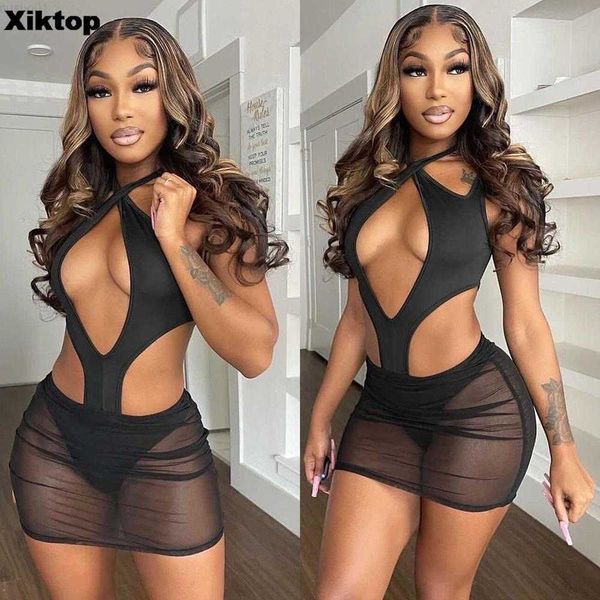 

urban dresses xik2023 new arrival african gothic style mesh transparent dress for women hollow out backless halter silk mini dress l230711, White;black