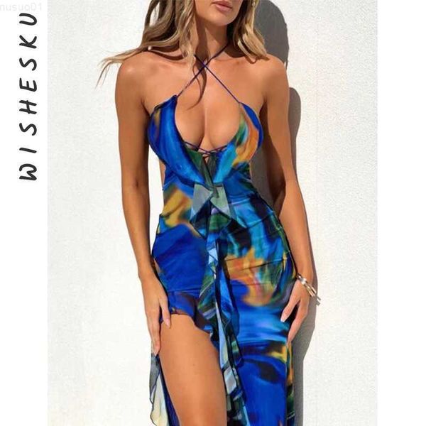 

urban dresses halter cut out ruffle maxi dress women backless print high slit casual vacation sundress 2023 summer beach y2k clothes l230711, White;black
