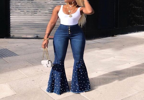 

beaded denim flare jeans women high waist elastic skinny jeans wide leg trousers ladies casual bell bottom jeans pants plus size 28004333, Blue