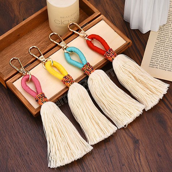 

colorful cotton thread tassel keychain mini beads fringe tassels hanging rope braided hooks key holer bags pendants decoration, Silver