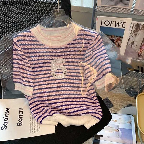 

women's sweaters summer korean fashion women's sweater vintage letter jacquard knitted sweater short sleeve o-neck women's zi, White;black