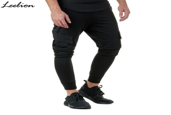 

leelion 2018 new fashion pants for men fitness leggings midpocket solid mens sweatpants drawstring casual pants pantalon homme5414169, Black