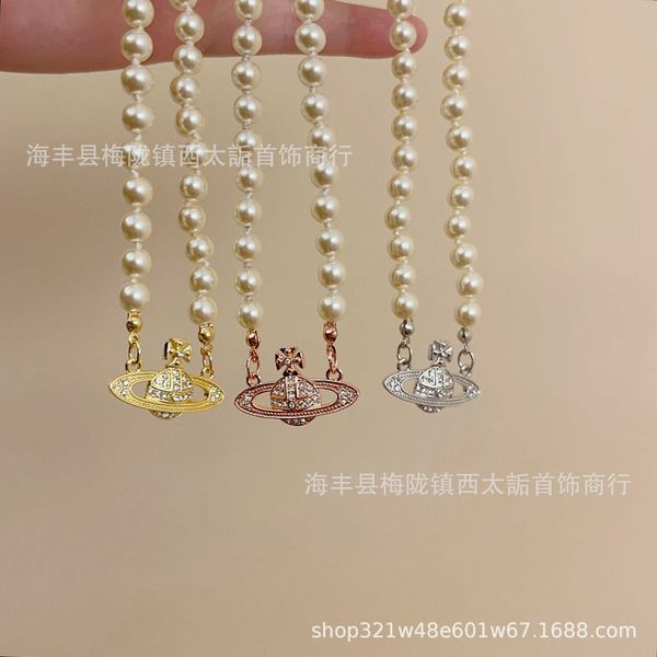 

explosive pearl necklace women's versatile diamond western queen mother saturn clavicle chain high version, Silver