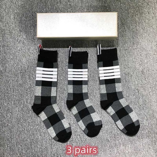 

men's socks tb thom men's socks luxury brand 4-bar stripes grid socks women's cotton street fashion wholesale tb stockings in, Black