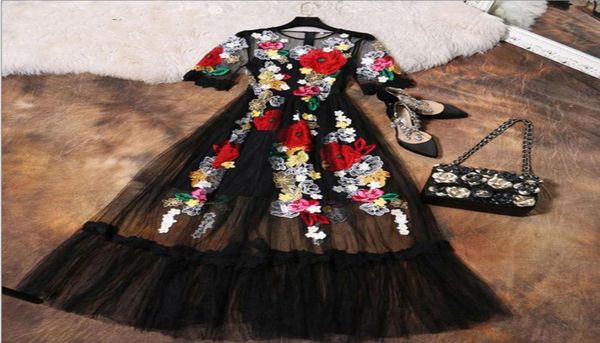 

luxury dress new 2018 summer fashion designer new elegant flower embroidery appliques black mesh slim women vintage long dress t517363787, Black;pink