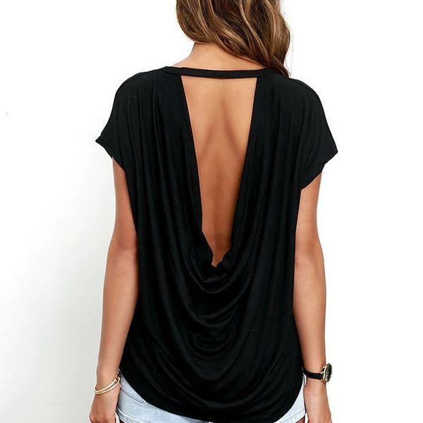 

women's t-shirt fashion open back t shirt women casual backless short sleeve tshirt summer clothing loose o-neck tees black white 2307