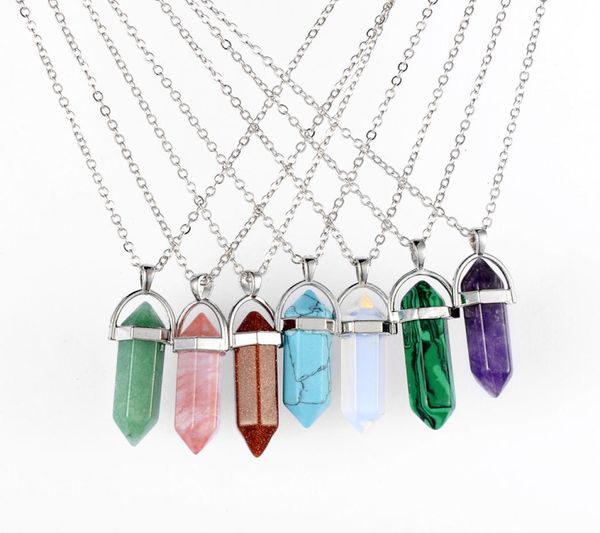 

new fashion bullet shape natural stone pendant necklaces hexagonal prism quartz turquoise crystal gems jewelry for women men gift3843897, Silver