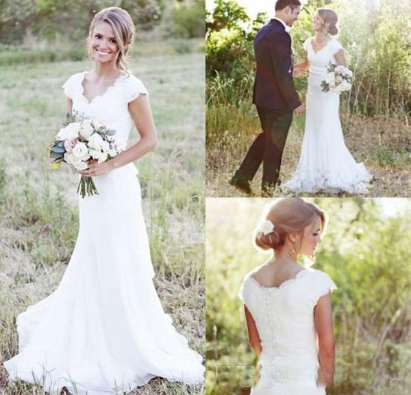 

custom made modest boho mermaid lace wedding gowns vintage wedding dresses elegant v neck cap sleeve wedding party dress gowns6554775, White