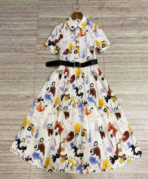 

2021 white lapel neck short sleeves women039s dress designer print 100 cotton milan runway dress high end celebrity dress 20214338312, Black