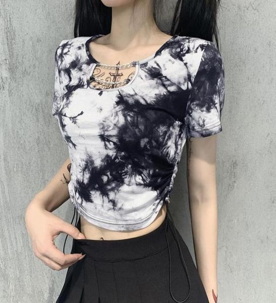

women039s tshirt y2k hollow out women tshirts harajuku gothic clothes red black tie dye chain short sleeve drawstring tshirts6980875, White