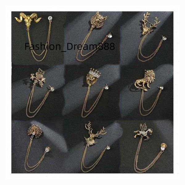 

fashion men metal jewelry leopard animal long chain goat pegasus peacock lion owl deer head crystal rhinestone suit lapel brooch, Gray