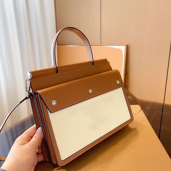 

2023 new women's cowhide briefcase brown white square multi compartment business leisure one shoulder cross body leisure luxury brand s