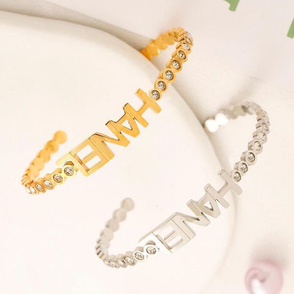 

luxury design stainless steel bracelet famous women brand letter never fade 18k gold plated silver plating bracelets crystal christmas jewel, Black