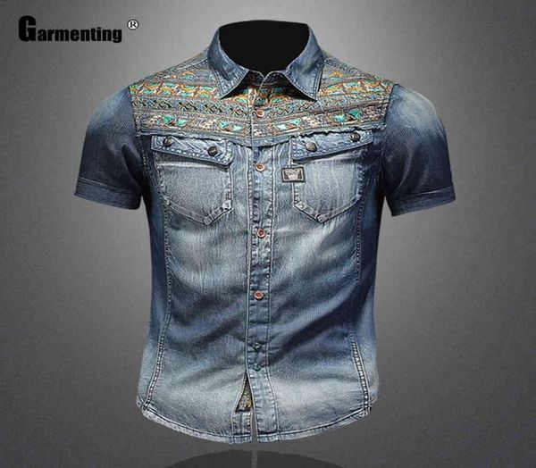 

men039s tshirts fashion summer short sleeve model patchwork mens denim shirt casual slim jean blouse men clothing zz6590294, White;black