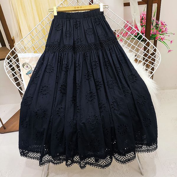 

skirts high waist hollow embroidery fairy ski show for spring/summer thin fold mid long line skiing 230710, Black