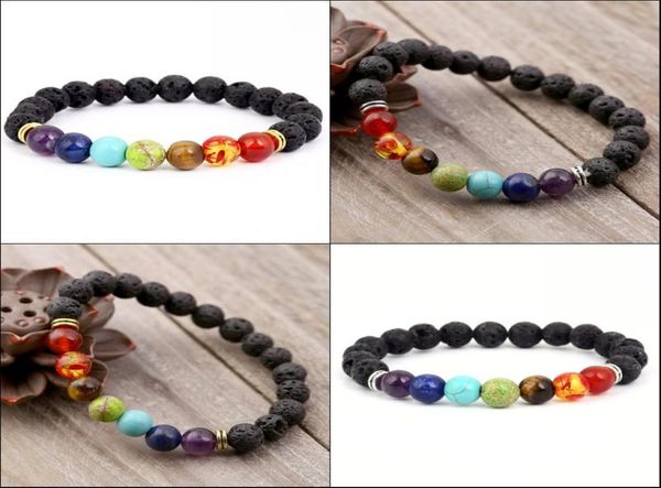 

2 styles 7 chakra natural lava stone bracelet charm essential oil diffuser bracelet healing yoga beads stretch bracelets1253589, Black