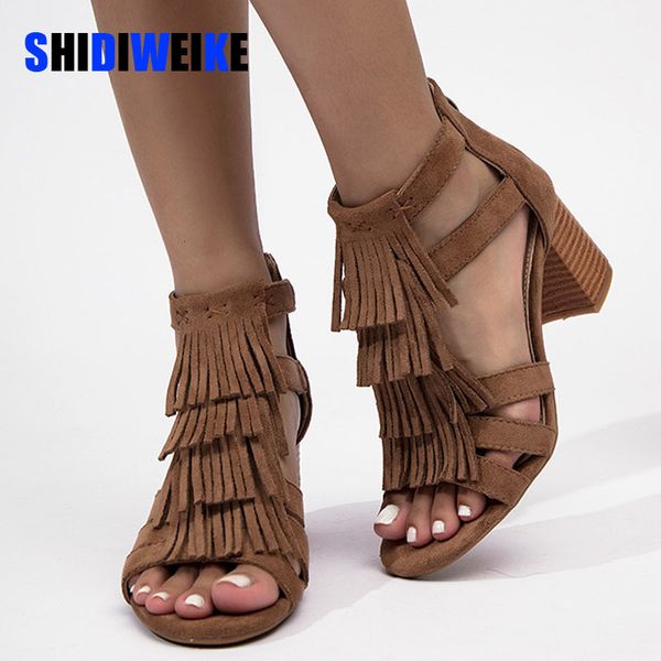 

sandals sdwk 7cm women's shoes chic bohemia style rome fringes tassels block high heels big size vintage leisure summer vacation sandal, Black