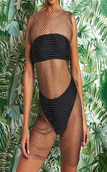 

shiny diamond see through mini dress o neck fishnet grid hollow out sleevel254q4831898, White;black