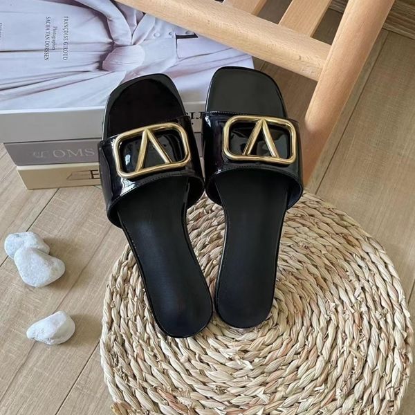 

flat heel slippers summer lazy fashion metal v buckle sandals designer patent leather one word slippers casual outdoor beach slippers, Black