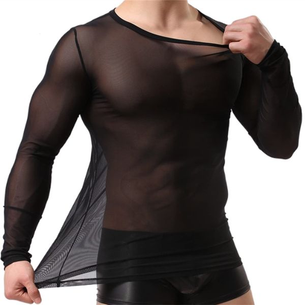 

set mens undershirt gay clothing nylon mesh shirt see through sheer long sleeves t shirts transparent shirt underwear 230710, Red;black