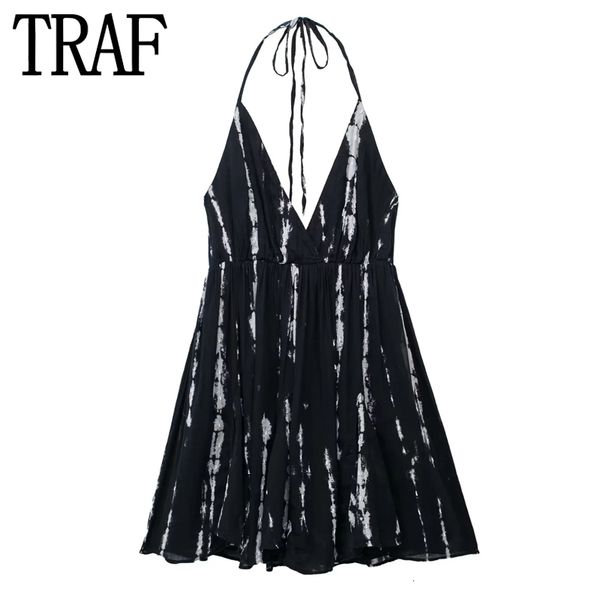 

basic casual dresses traf 2023 tie dye mini dress woman halter backless dres off shoulder short daring beach summer 230710, Black;gray