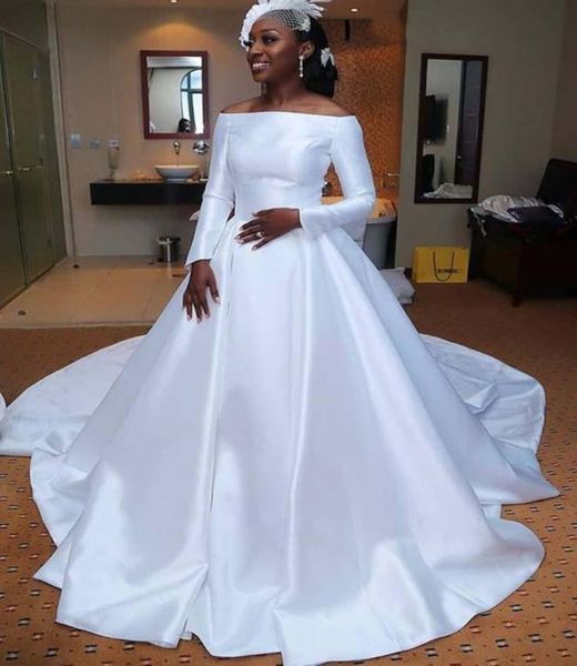 

white satin wedding dresses 2021 classic design bride long sleeve off the shoulder a line vintage bridal gowns custom plus size6865234