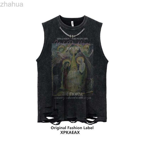 

stussys fashion t-shirt fashion brand european and american ins vintage feng shui washed old sleeveless t-shirt high street hip hop tank top, White;black