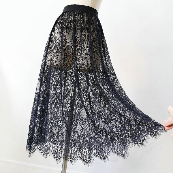 

skirt mesh lace transparent long tulle korean fashion summer ladies elastic high waist black white beach midi 230710