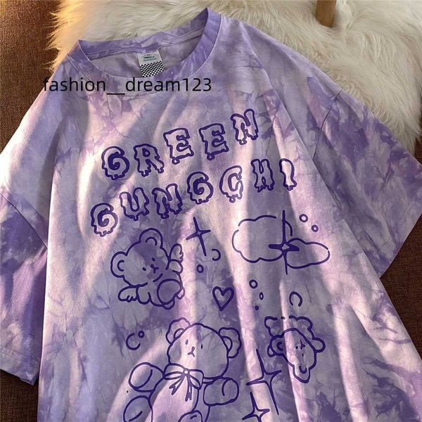 

cotton cute bear y2k streetwear summer oversized t shirt women harajuku short sleeves tee hip hop tie dyed tshirt, White