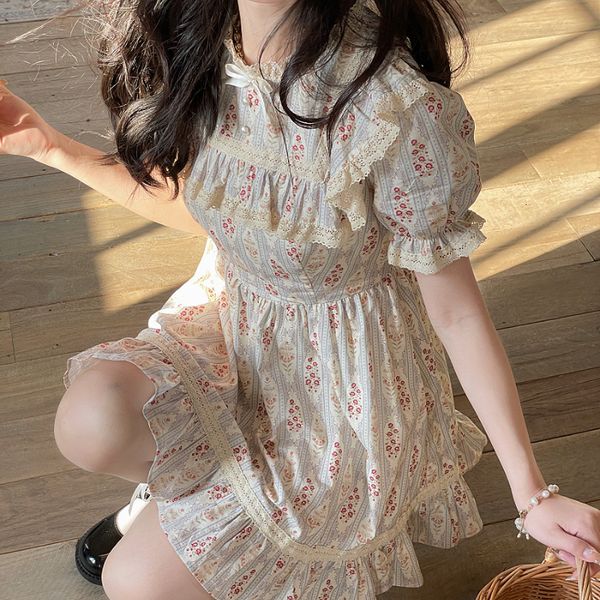 

basic casual dresses summer floral print kawaii lolita dres sweet puff sleeve evening party mini female lace elegant fairy dress 2023 230710, Black;gray
