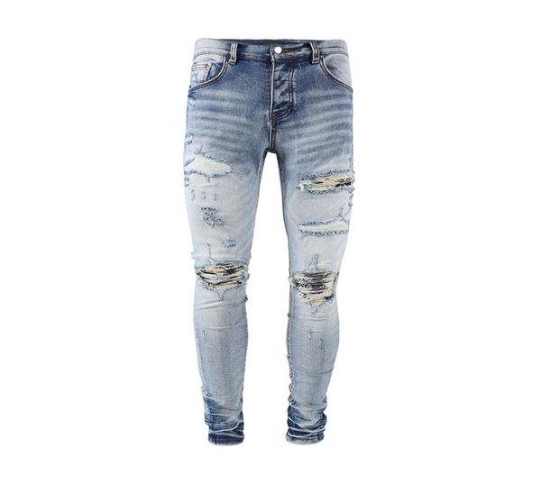 

mens jeans in europe and america fashion wash wrinkles do old design hole yellow patch hand worn casual slim feet tight pants teen1275623, Blue