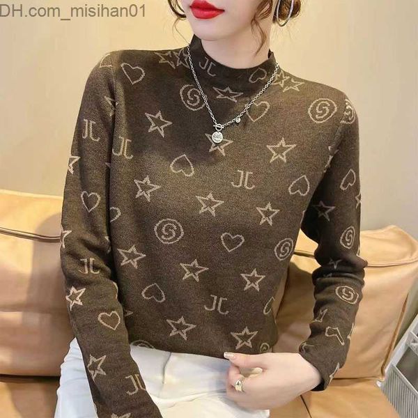 

women's sweaters half high collar sweater with floral design for women's clothing autumn and winter wool fully matched ultra-thin, White;black