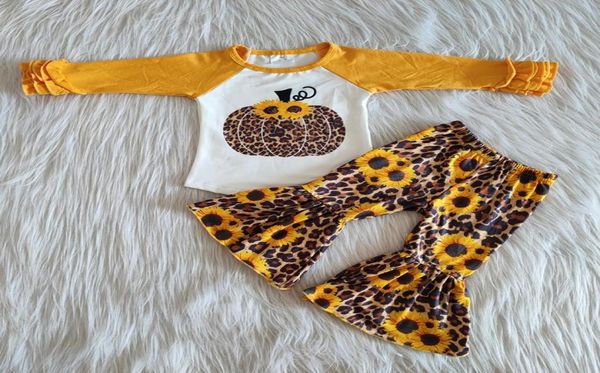 

new fashion baby girl clothes sets halloween girls boutique clothing bell bottom outfits pumpkin print fall long sleeve kids children outfit, White