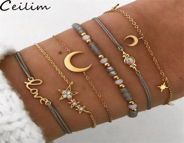

bohemian 6 pcsset love star moon charm bracelets for women crystal beaded blue weave rope bracelets summer beach jewelry accessor9558359, Black