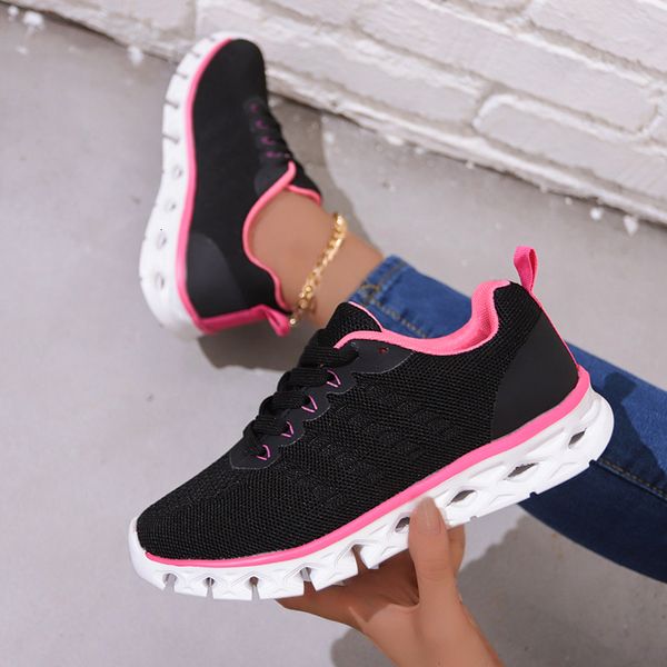 

dress shoes mix color breathable sneakers women autumn air cushion non-slip sports shoes ladies lace-up soft sole knitted casual shoes 23071, Black