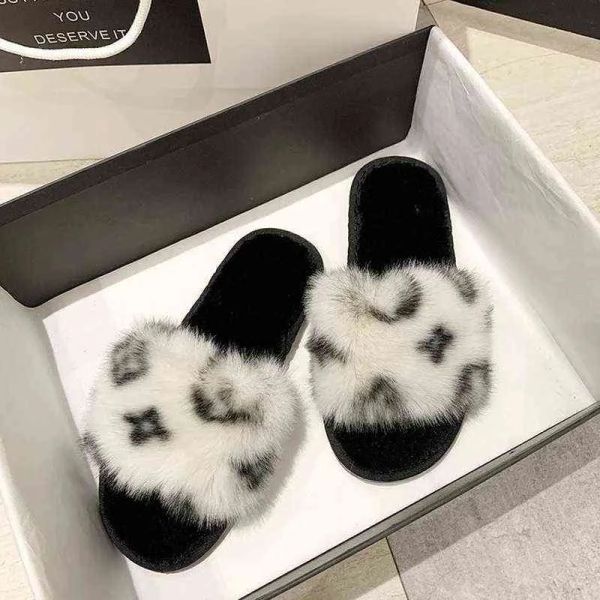 

2023 slippers cotton slippers autumn and winter new korean version of the net red printing word flat bottom casual hairy slippers women, Black