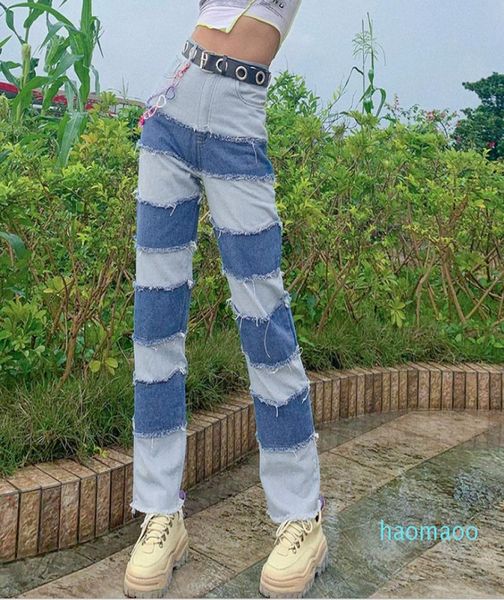 

y2k egirl patching sew stitch jeans for women hip hop hight waist denim loose long pants fashion chic outfit streetwear7436991, Blue