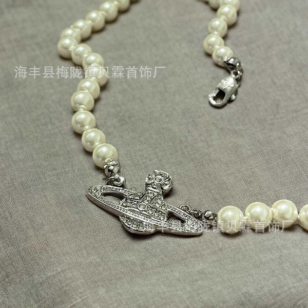 

full diamond saturn pearl western empress dowager necklace women's high edition niche light luxury ins planet clavicle chain, Silver