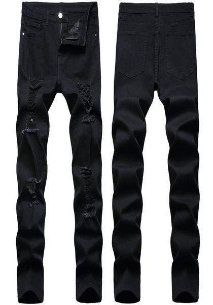 

mens jeans retro black pants stretch hole ripped slim fit fashion casual denim trousers8225440, Blue