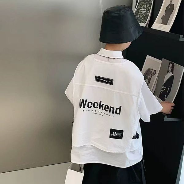 

kids shirts boys korean casual loose short sleeve cotton 2023 spring fall teenagers school clothes 5 6 8 10 12 13 14years old 230711, White;black