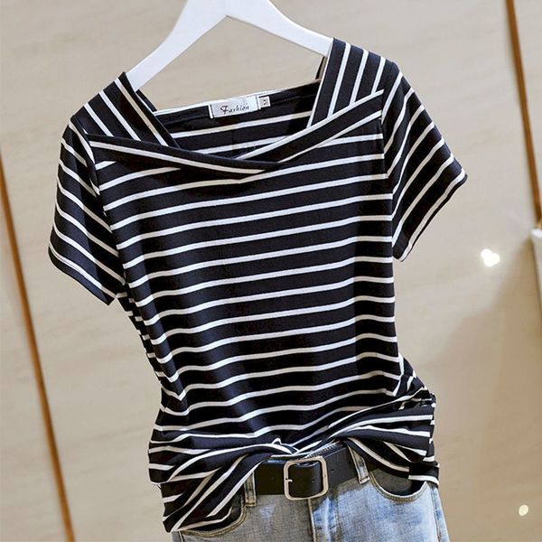 

women's t-shirt 100% cotton t-shirt women's fashion stripe v-neck t-shirt casual short sleeve summer trend ultra thin t-shirt y2k, White