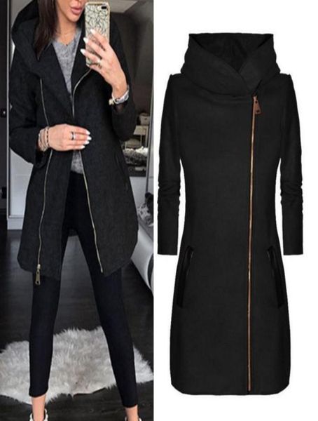 

2019 autumn long black coat women zipper long sleeve hooded jackets casual female warm slim pockets outwear clothes8332661, Black;brown