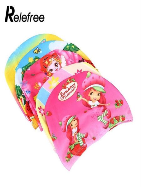 

1 pcs flexible colorful printed kids swimming cap waterproof bathing stretch fabric hat protect ears children color random c1904037076882