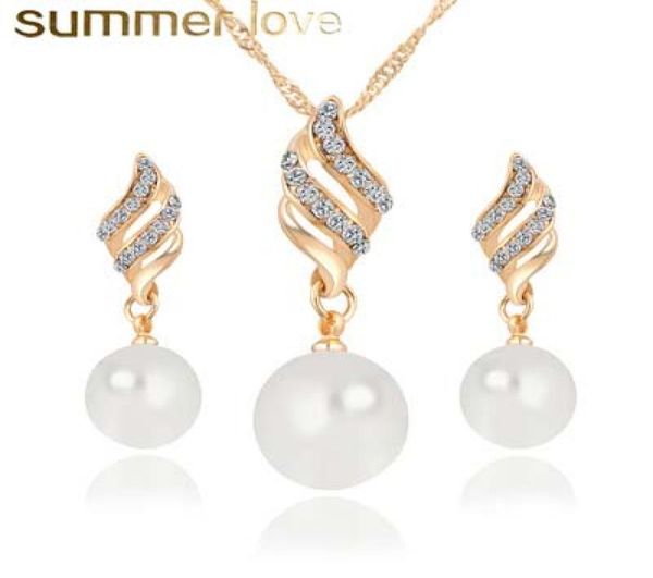 

high fashion spiral pearl pendant dangle earing necklace set for women elegant adjustable rhinestone gold silver plating jewelry s7914619